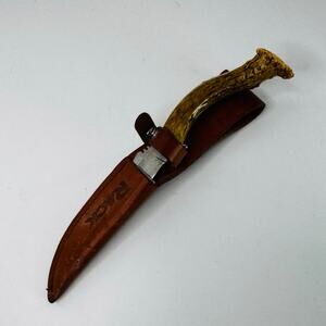 Vintage Antler Fixed Blade Knife Sheath Deer Hunt Leather “Rack” Case Stainless